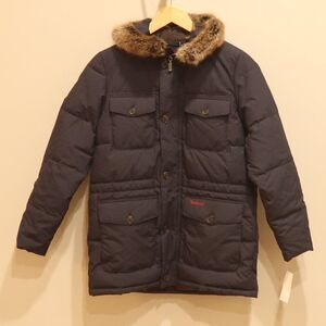 NWT BARBOUR morton coat boy puffer XL fur hood tartan pocket navy winter warm
